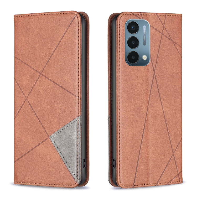 Brown leather magnetic folio phone case with diagonal geometric pattern