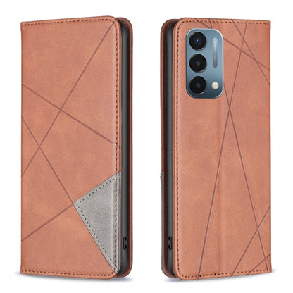 Brown leather magnetic folio phone case with diagonal geometric pattern