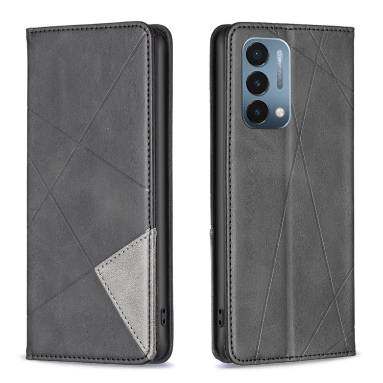 Black leather magnetic folio phone case with diagonal geometric pattern