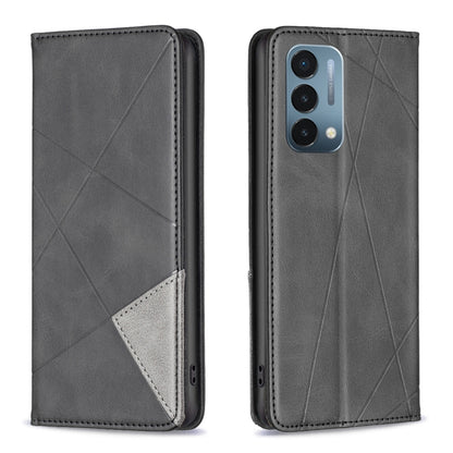 Black leather magnetic folio phone case with diagonal geometric pattern