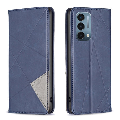 Blue leather magnetic folio phone case with diagonal geometric pattern