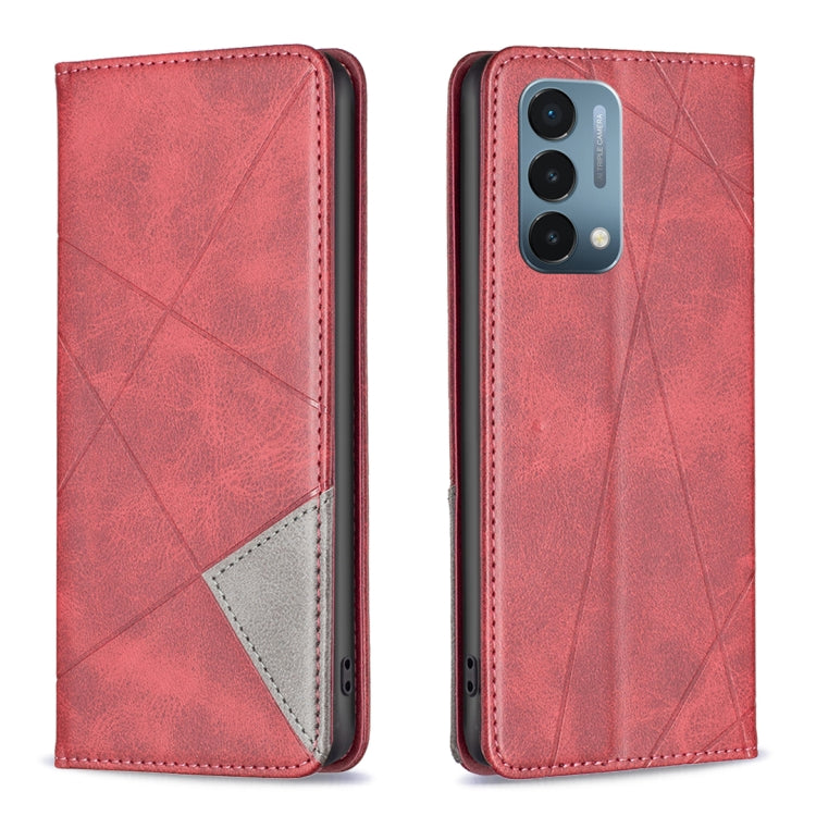 Red leather flip phone case with geometric pattern, card slot, and camera cutout