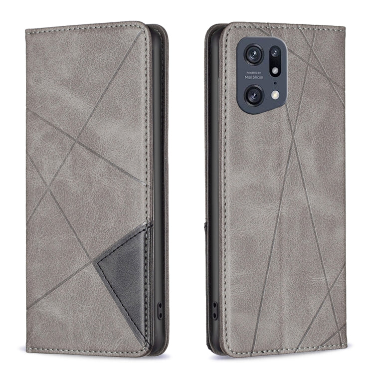 Grey leather flip phone case with geometric pattern, card slot, and camera cutout