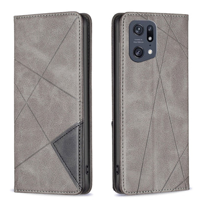 Grey leather flip phone case with geometric pattern, card slot, and camera cutout