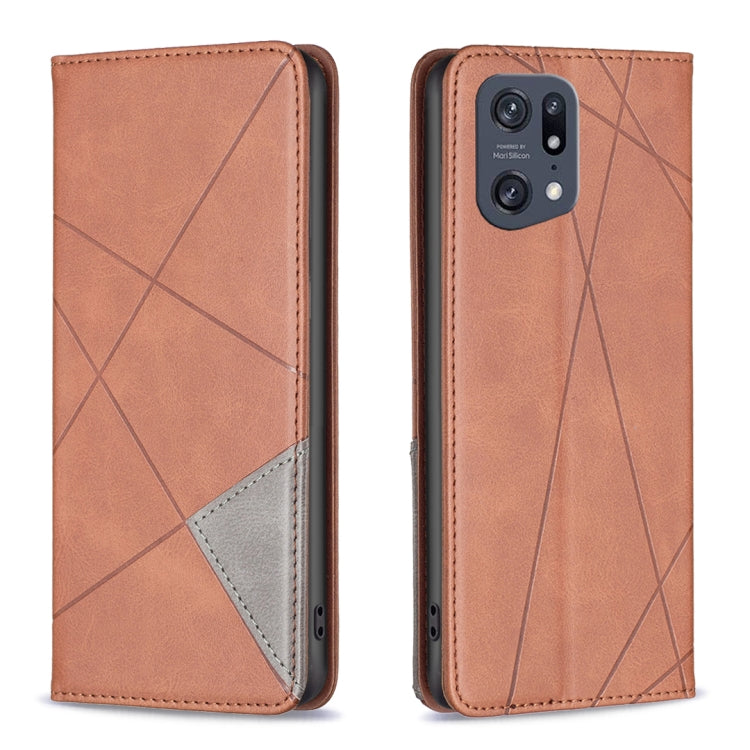 Tan leather flip phone case with geometric pattern, card slot, and camera cutout