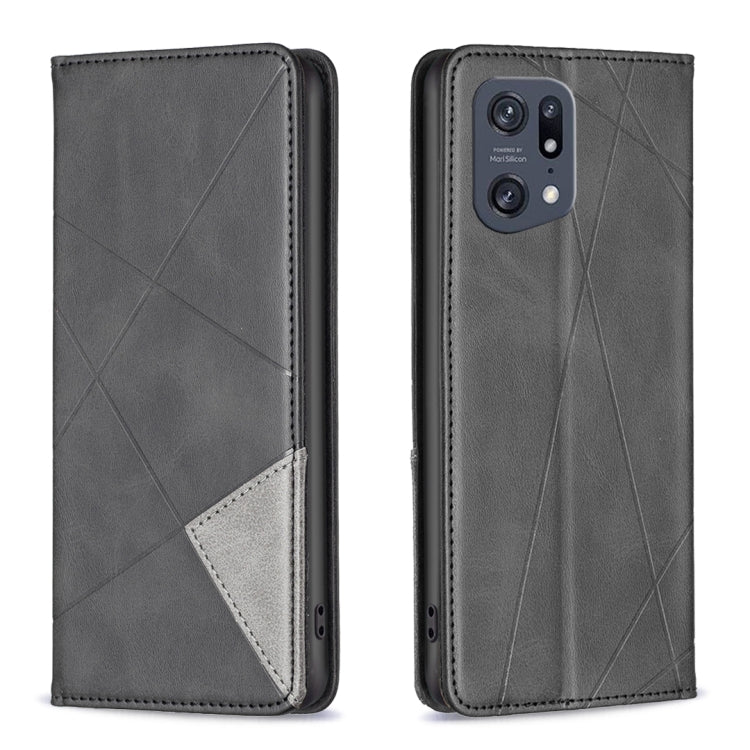 Dark grey leather flip phone case with geometric pattern, card slot, and camera cutout