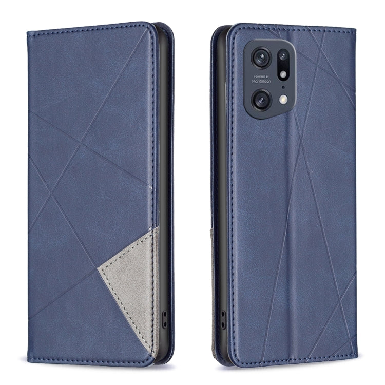 Blue leather flip phone case with geometric pattern, card slot, and camera cutout