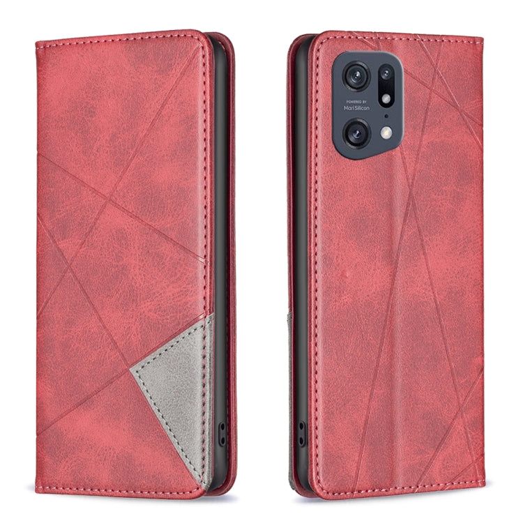 Red leather flip phone case with geometric pattern and stitched edges, camera cutout
