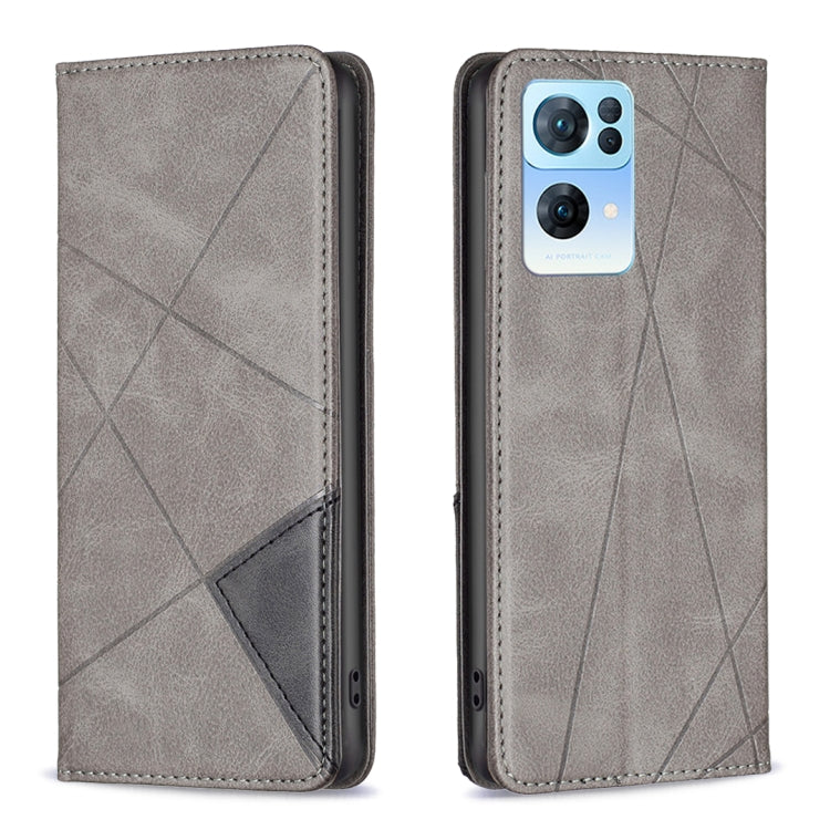 Grey leather flip phone case with geometric pattern and side cutouts for controls