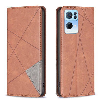 Tan leather flip phone case with geometric pattern and stitched card pocket