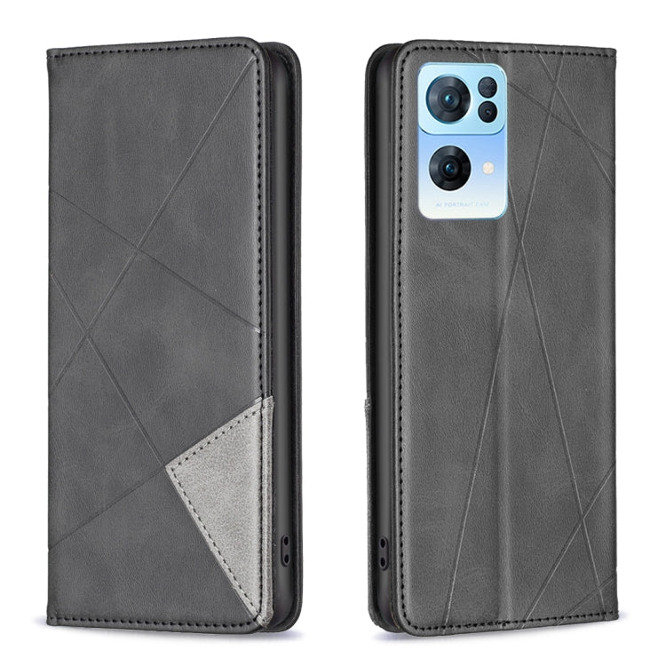 Dark grey leather flip phone case with geometric pattern and camera opening