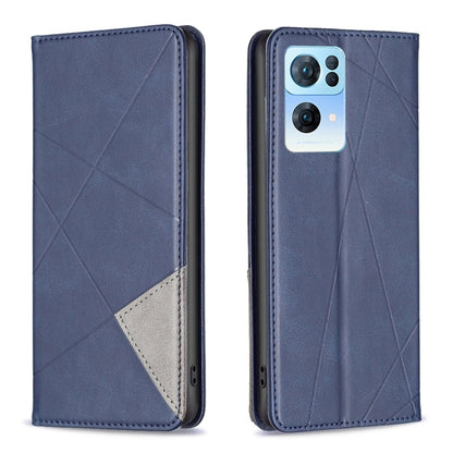 Blue leather flip phone case with geometric pattern, card pocket, and camera opening