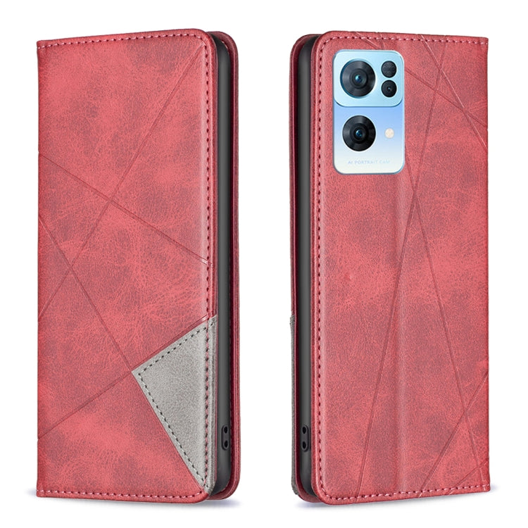 Prismatic invisible magnetic leather phone case, red with geometric pattern and card slot