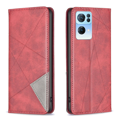 Prismatic invisible magnetic leather phone case, red with geometric pattern and card slot
