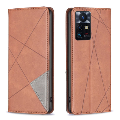 Prismatic invisible magnetic leather phone case, brown with geometric pattern and card slot