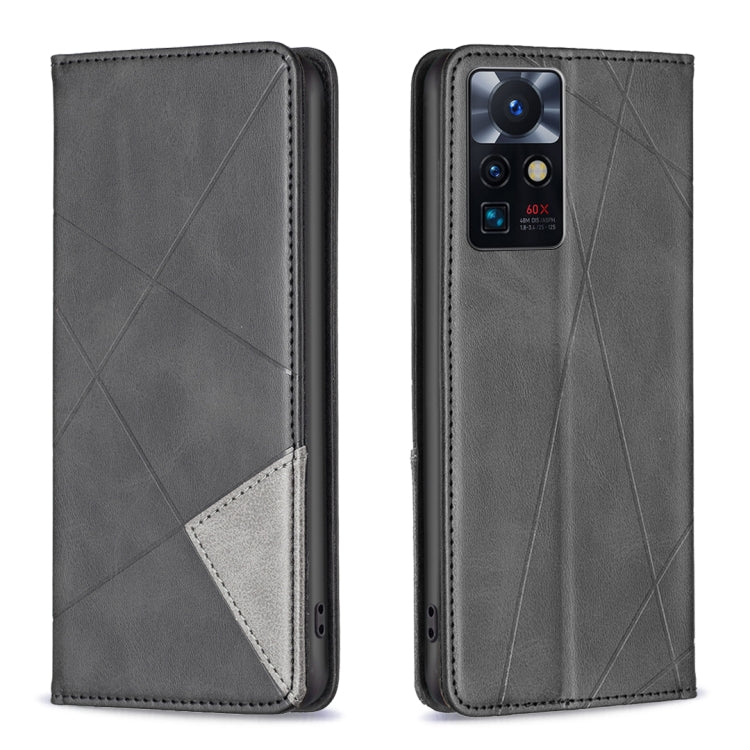 Prismatic invisible magnetic leather phone case, dark gray with geometric pattern and card slot