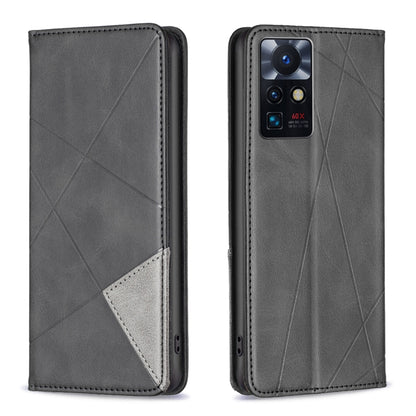 Prismatic invisible magnetic leather phone case, dark gray with geometric pattern and card slot