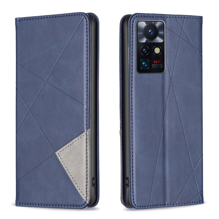 Prismatic invisible magnetic leather phone case, blue with geometric pattern and card slot