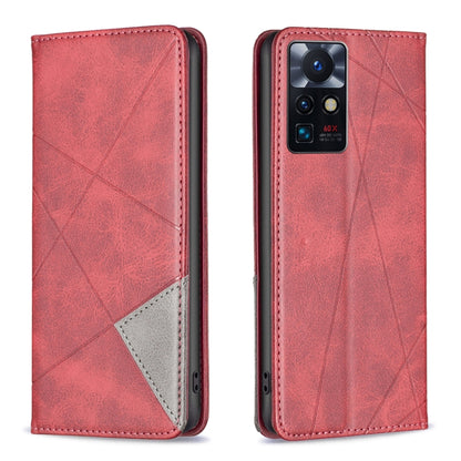 Prismatic invisible magnetic leather phone case, red with geometric pattern and camera cutout