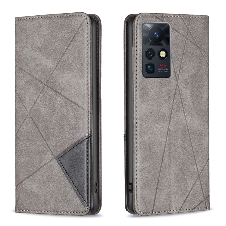 Prismatic invisible magnetic leather phone case, light gray with geometric pattern and card slot