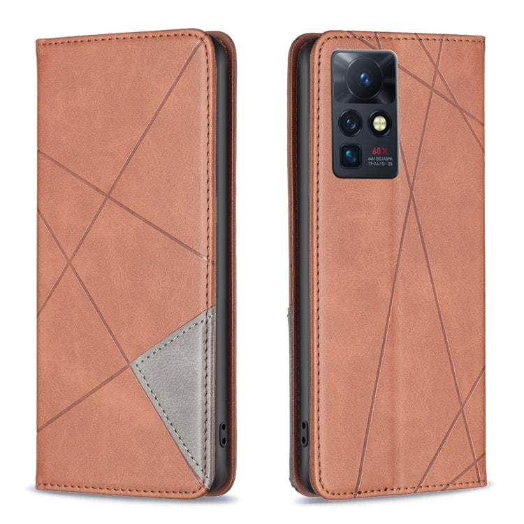 Prismatic invisible magnetic leather phone case, tan brown with geometric pattern and card slot