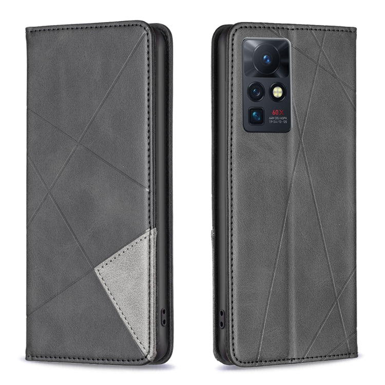 Prismatic invisible magnetic leather phone case, dark gray with geometric pattern and camera cutout