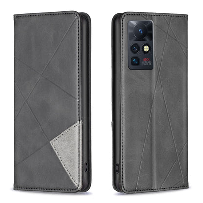 Prismatic invisible magnetic leather phone case, dark gray with geometric pattern and camera cutout