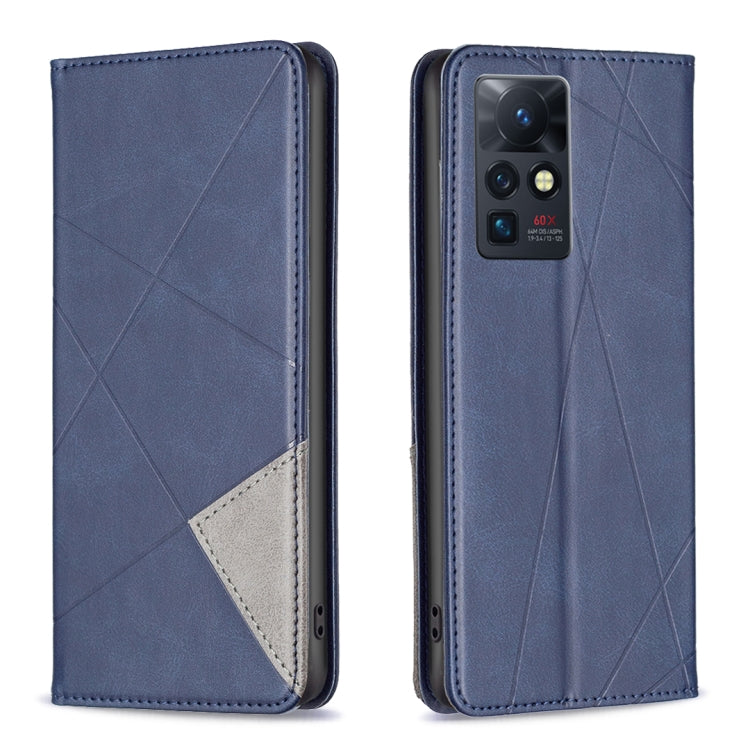 Blue leather phone case with diagonal stitched pattern and camera cutout