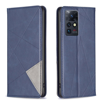 Blue leather phone case with diagonal stitched pattern and camera cutout