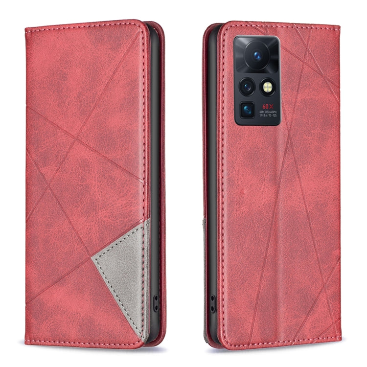 Prismatic invisible magnetic leather phone case, red with geometric pattern and camera cutout