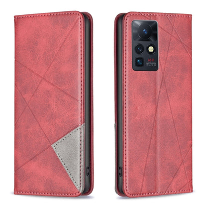 Prismatic invisible magnetic leather phone case, red with geometric pattern and camera cutout