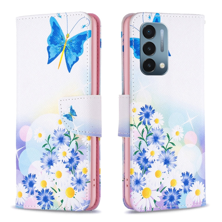 Leather phone case wallet with blue butterfly and daisy floral print, magnetic flap