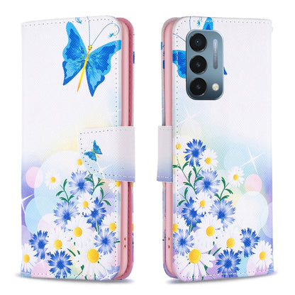 Leather phone case wallet with blue butterfly and daisy floral print, magnetic flap