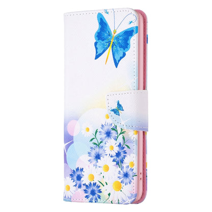 Leather phone case wallet with blue butterfly and blue daisy floral print, front flap