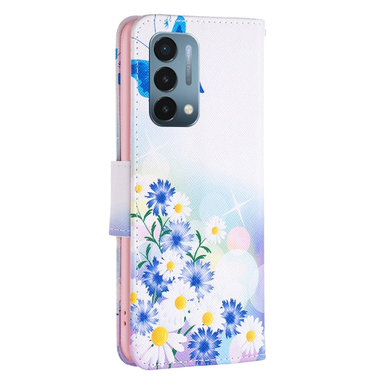 Leather flip phone case with blue butterfly and daisy floral print, camera cutout