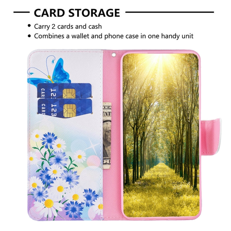 Leather folio phone case wallet with card slots and blue daisy floral print, flip cover