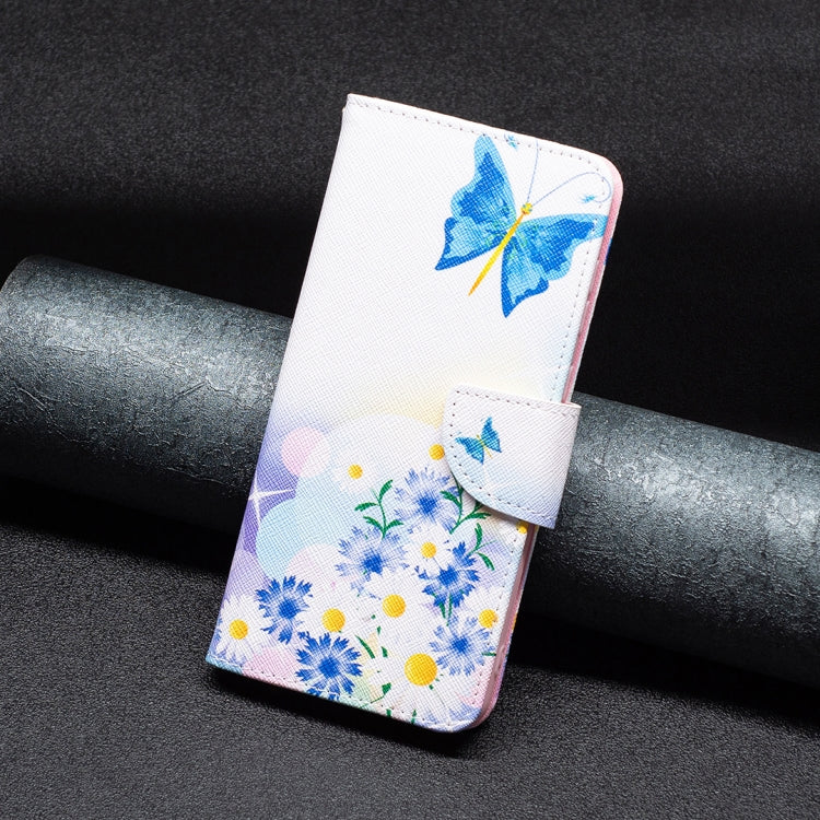 Leather phone case wallet with blue butterfly and daisy floral print, magnetic flap