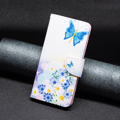 Leather phone case wallet with blue butterfly and daisy floral print, magnetic flap