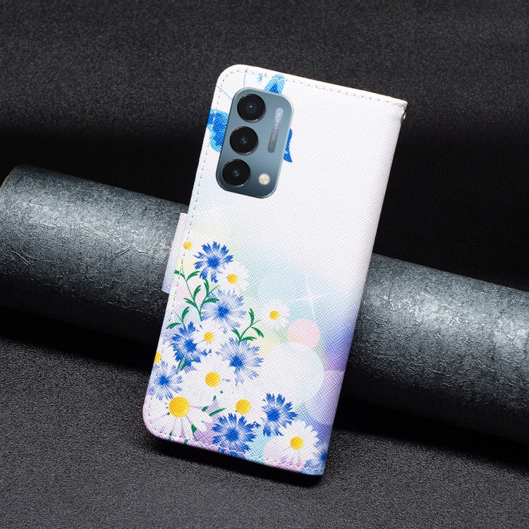 Leather flip phone case with blue daisy floral print and butterfly, camera cutout
