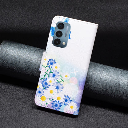 Leather flip phone case with blue daisy floral print and butterfly, camera cutout