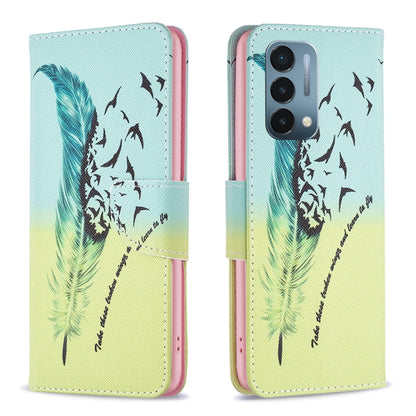 Leather phone case wallet with teal feather and bird silhouettes, magnetic flap