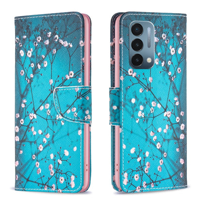 Leather phone case wallet with blue cherry blossom branch pattern, magnetic flap