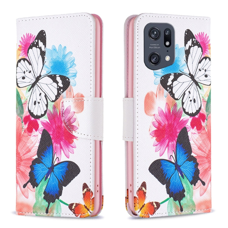 Multicolor butterfly print flip leather phone case with white background and clasp
