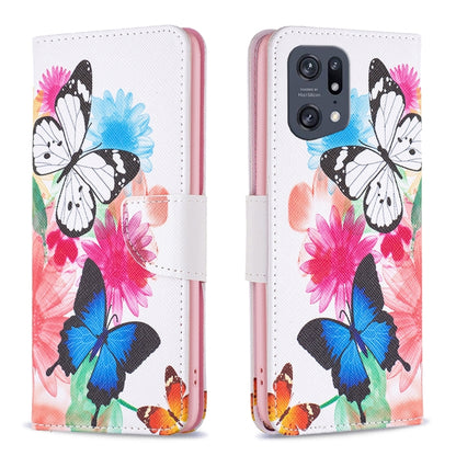 Multicolor butterfly print flip leather phone case with white background and clasp