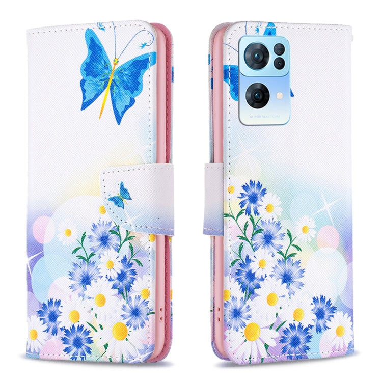 Leather phone case with butterfly and blue flower pattern, flip cover and card slot.
