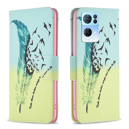 Leather phone case with feather, birds, and writing graphic, flip cover and cutouts.