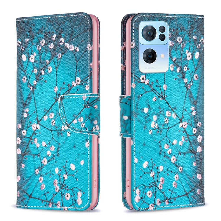 Leather phone case with blue sky blossom tree pattern, flip cover and camera opening.