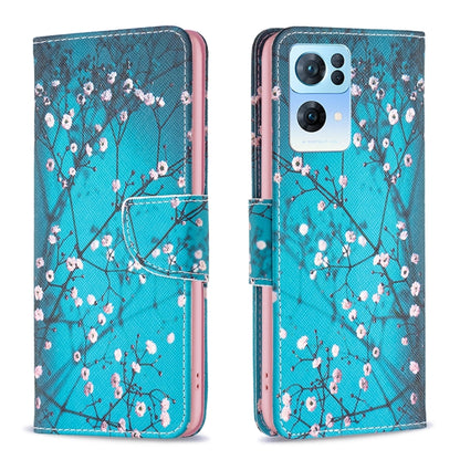 Leather phone case with blue sky blossom tree pattern, flip cover and camera opening.