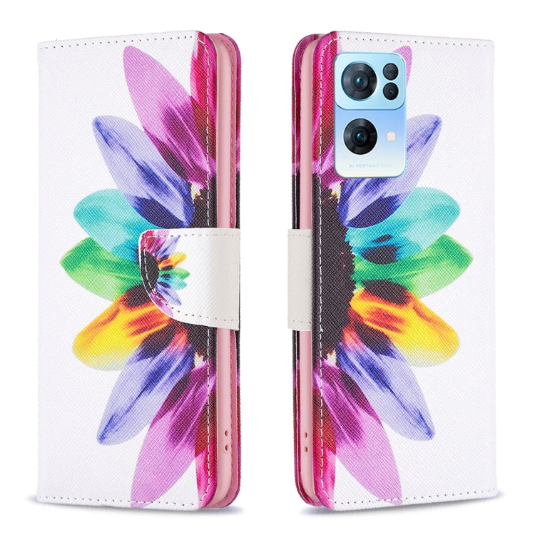 Leather phone case with colorful flower design, flip cover with stitched button.