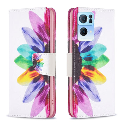Leather phone case with colorful flower design, flip cover with stitched button.